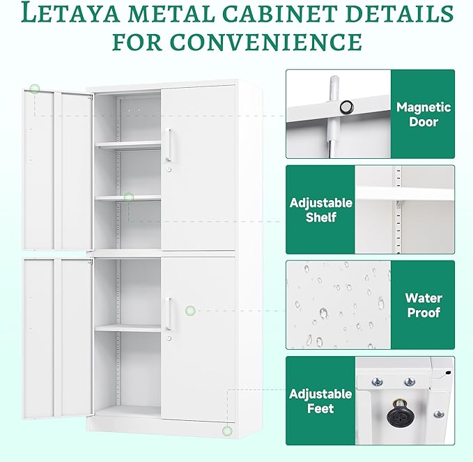 Letaya Metal Storage Cabinet with Lock Door, Adjustable Shelf Steel Cabinets for Office, Home,Pantry,Kitchen,Garage Utility Cabinet (4 Door-White)