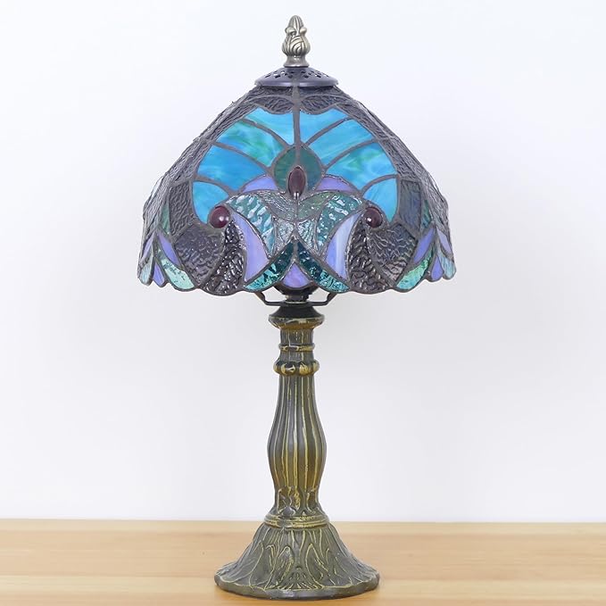 Small Tiffany Lamp Mini Stained Glass Table Lamp Bedside Accent Lamp Memory Sympathy 8X14.5 Inch (Green Liaison Style)