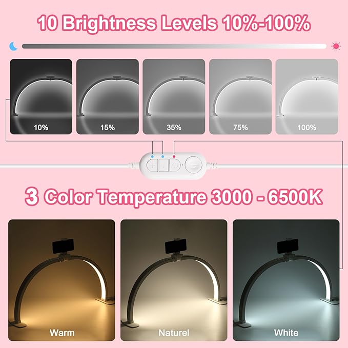 Upgraded Half Moon Light with Phone Holder, 29in Foldable Half Moon Light for Nail Desk, Nail Table Lamp with Stepless Dimming & Color Temperature (Large-29In)