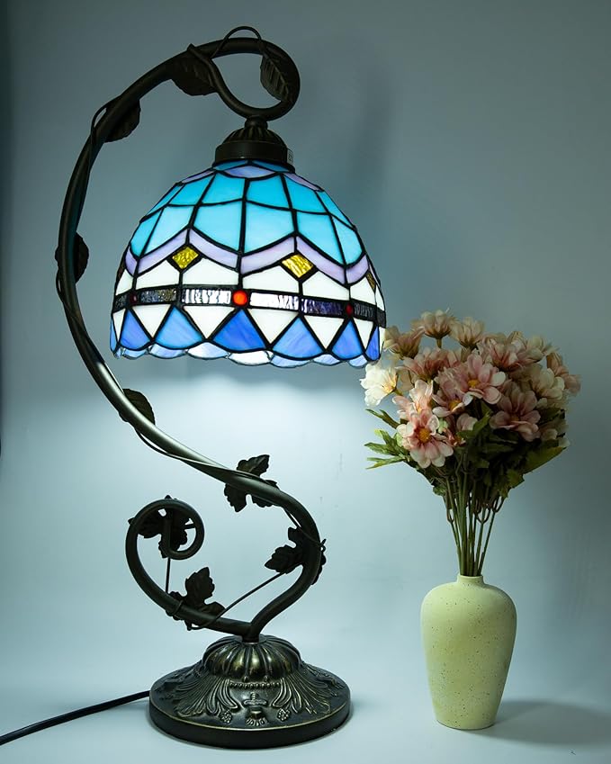 Tiffany Lamp,21x11x8inches Blue Stained Glass Lamp,Tiffany Style Table Lamp with Three-Color Dimming for Bedside Table,Dining Table,Antique Office
