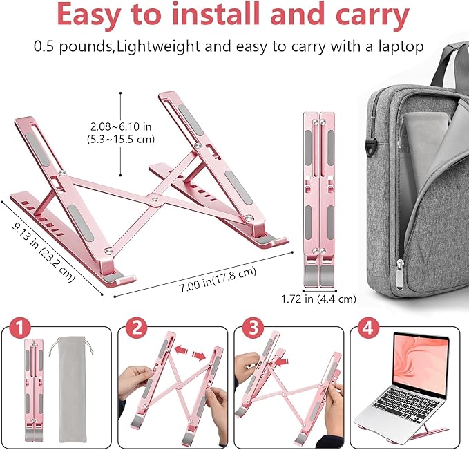 Laptop Stand for Desk, Aluminum Metal MacBook Stand,Computer Riser for Desk, Portable Foldable Adjustable Notebook Holder, Compatible with 10-15.6 Inch Laptops, iPad, Rose Gold.