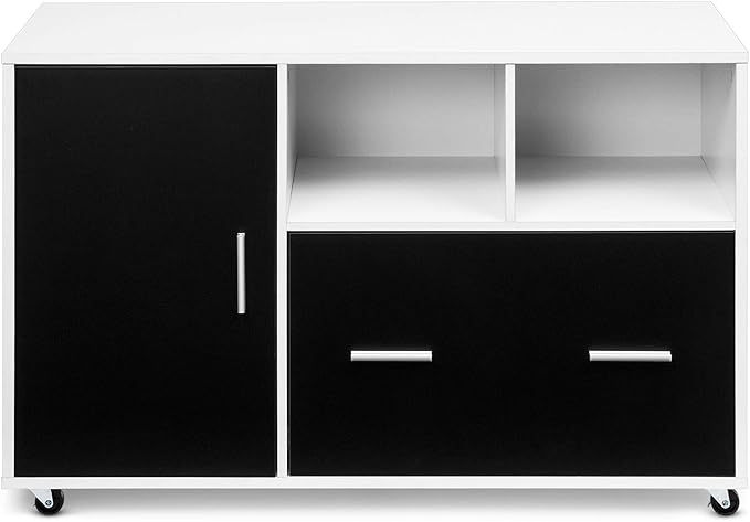 Giantex Lateral File Cabinet, Mobile Filing Cabinet with Drawer, Printer Stand with Open Storage Shelves, Wood Organizer for Home and Office A4 Letter and Legal Size (White & Black)