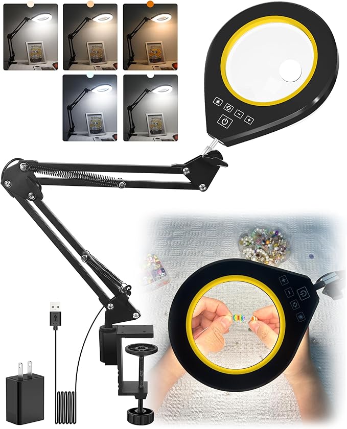 Magnifying Glass with Light, 10X & 5X Lighted Magnifying Glass, Stepless Dimmable Magnifier with Lamp, Adjustable 10 Brightness Level and 5 Color Mode Desk Lamp with Clamp for Craft Workbench(Yellow)