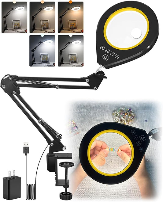 Magnifying Glass with Light, 10X & 5X Lighted Magnifying Glass, Stepless Dimmable Magnifier with Lamp, Adjustable 10 Brightness Level and 5 Color Mode Desk Lamp with Clamp for Craft Workbench(Yellow)