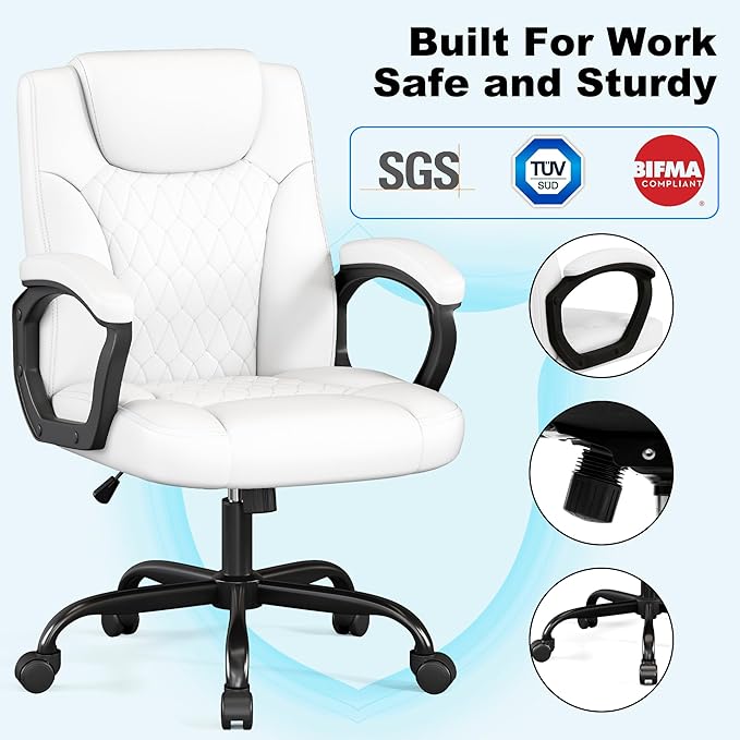 Misolant Office Chair, Executive Desk Chair, PU Leather Comfortable Ergonomic Chairs with Fixed Armrest, Adjustable Height, Rocking Function, 360° Swivel Wheels, White