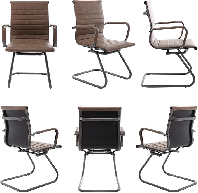Wahson Office Guest Chairs No Wheels & Reception Chairs, Leather Waiting Room Chair Mid Back Conference Chair with Sled Base for Meeting/Lobby/Restroom, Brown (8 Pack)
