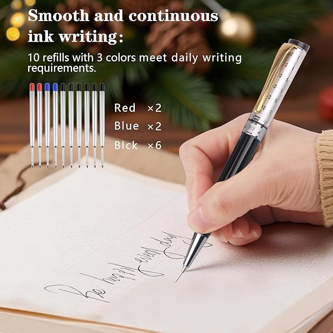 Luxury Ballpoint Pens, Retractable Metal Pen with 10 Refills (Black, Blue, Red) for Smooth Writing - Executive Office Desk Accessories, Ideal Gifts for Professionals, Teachers, Nurses