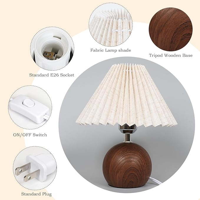 Small Pleated Table Lamp, Bedside Nightstand Lamp with Off White Lampshade, Morden Mini Lamp for Bedroom Home Office Decor, E27 Bulb Included