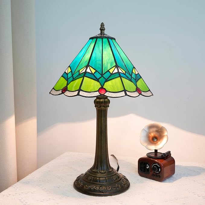 Green Tiffany Lamp Retro Rural Style Farmhouse Teal Bedroom Bedside Reading Light Living Room Hotel Bar Home Decor 12x19 Inch E26 Nightstand Unique Colored Bronze Metal Base Stainred Glass Table Lamp