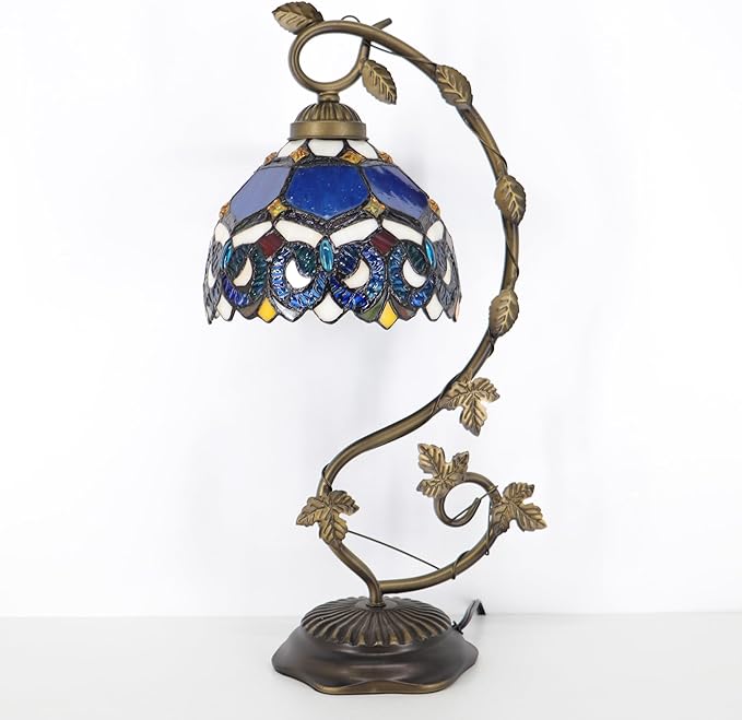 Tiffany Table Lamp, Stained Glass Desk Reading Light,Metal Leaf Table Lamp Base 8X10X21 Inches (Blue Baroque)