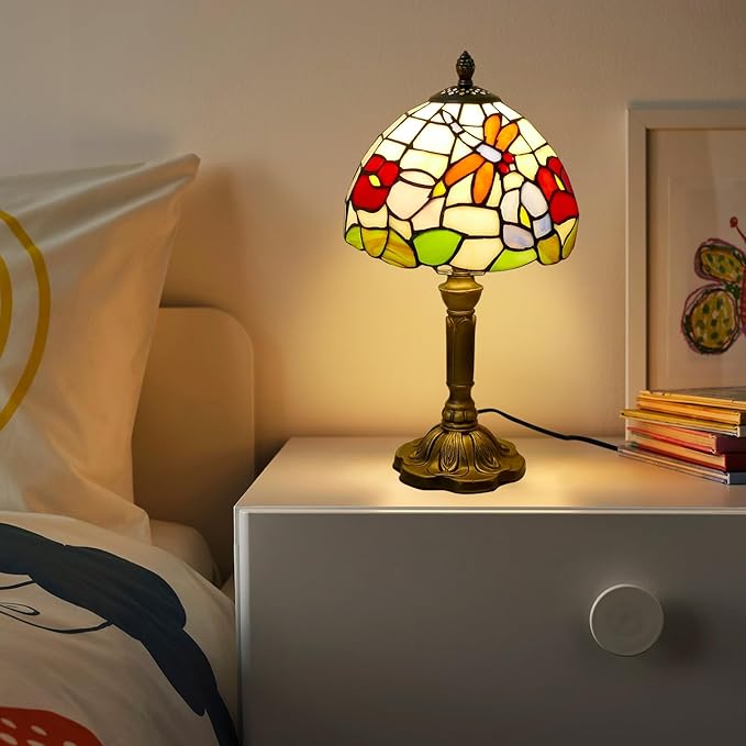 Tiffany Table Lamp Beautiful Dragonfly and Flower Style Lamp Handmade Stained Glass Desk Lamps Gifts Resin Base 14.2" Tall Vintage Reading Lamp for Office,Living Room, Bedroom, Study Room