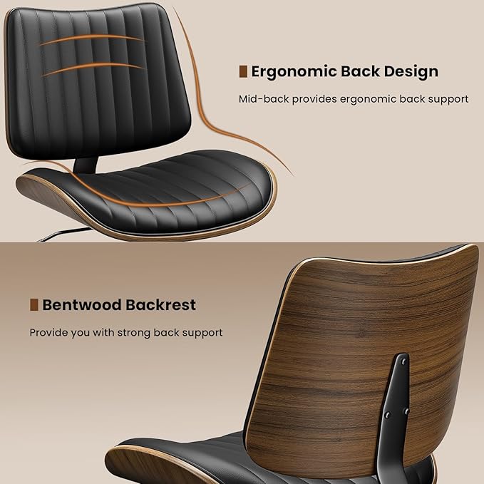 Home Office Chair with Wheels Set of 2, Armless Desk Chair Adjustable Height with Lumbar Support, Swivel Rolling, Modern Walnut Backrest for Office, Small Space, Black, Vertical Stripe