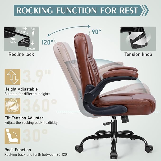 Leather Office Chair, PU Home Computer Desk Chairs with Ergonomic Back Support, 360° Swivel Free,Small Gmaing Chair with Wheels and Adjustable Armrests, for Short People Use, Vintage Brown