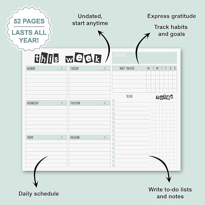 Weekly Planner Pad, 52 Letter Size Tear Off Sheets, 8.5” x 11” Undated Calendar Weekly Desk Planner Notepad, Daily Schedule Priorities To Do List for Week (Style 2)