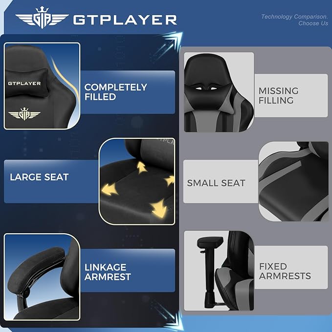 GTPLAYER Gaming Chair Fabric with Pocket Spring Cushion, Big and Tall Gamings Chairs 350LBS High Back Computer Chair with Footrest for Adults Lumbar Support Swivel Game Chair for Office Dark Black