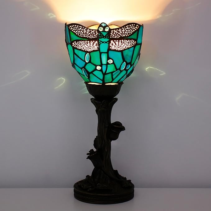 Small Tiffany Lamp Stained Glass Table Lamp Desk Uplight 6X6X13.5 Inch for Bedroom Bedside Office (Green Dragonfly)