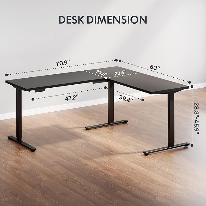 SANODESK L Shaped Standing Desk Adjustable Height, Electric Corner Standing Desk, 71 x 63 inch Sit Stand Computer Table with Splice Board, Black