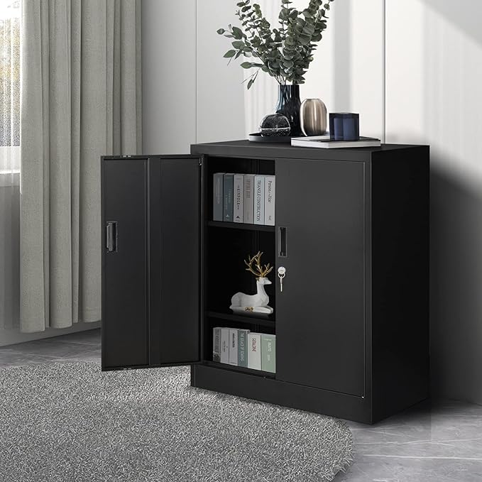 Metal Storage Cabinet, 36.2" H Locking Storage Cabinet with Adjustable Shelves for Garage, Home, Office, Utility Room-Black
