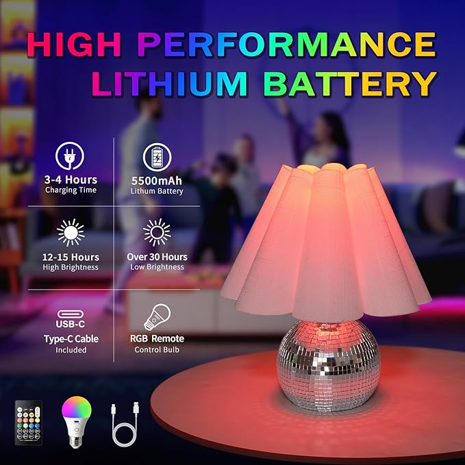 Rechargeable Crodless Small Funky Table Lamp, Battery Operated Remote Control Disco Mini Table Lamps for Bedroom Nightstand, Funky Small Table Lamp for Small Spaces for Kitchen Counter, Bookshelf