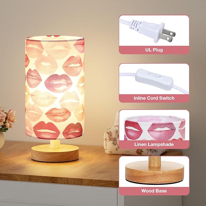 Lips Table Lamp for Bedroom - Inline Control, Small Bedside Lamp with 3000K A15 LED Blub, Easy Assembly (Lips White Shade, 9" Inline Control)