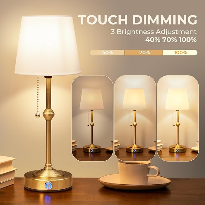 Rechargeable Cordless Table Lamp: Battery Powered Lamp,3 Level Brightness - Bedside Night Lamp, Ambient Light for Restaurant, Home, Bedroom, Dining Room, Camping, Cafe(Gold)