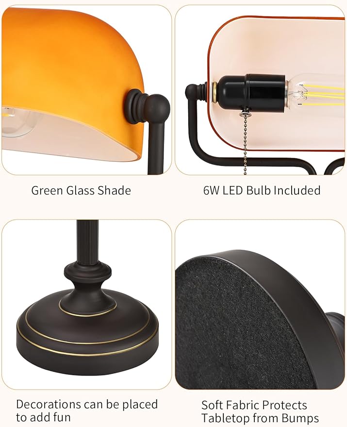 Traditional Banker's Desk Lamp with Glass Shade,Pull Chain Switch, LED Bulb Included (Antique Black+Matt Amber)