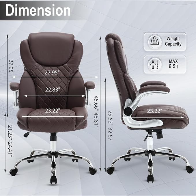 Leather Executive Office Chair, High Back Ergonomic Office Desk Chairs with Wheels, 90-120° Rocking Managerial Chair Home Computer Chairs with Flip-up Armr and Lumbar Support(Dark Brown)