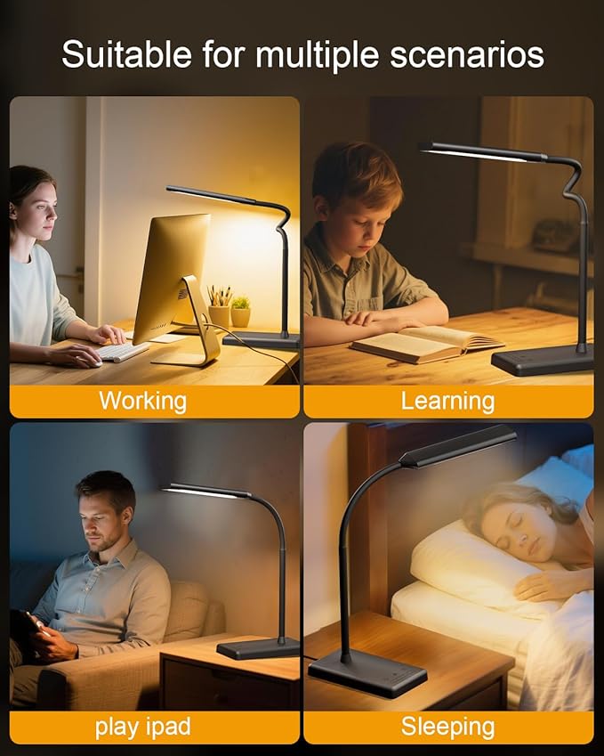 LED Desk Lamp Touch Control Desk Lamp with USB Charging Port 5 Color Modes 6 Brightness Levels Dimmable Eye-Caring Office Lamp with Memory Function 1h Timer Adjustable Gooseneck Table Lamp