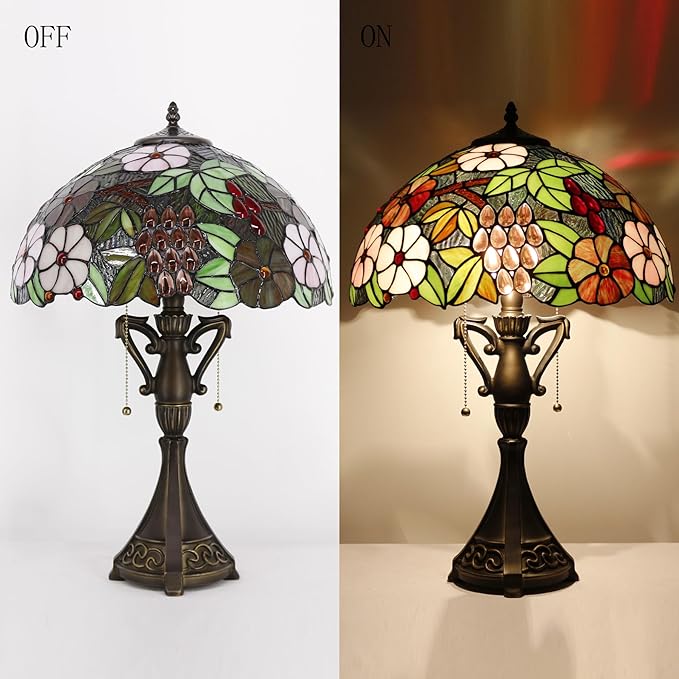 Tiffany Table Lamp 24 Inch High Antique Stained Glass Green Purple Grape Desk Reading Light Wide 16 Inch for Bedroom Living Room Home Office