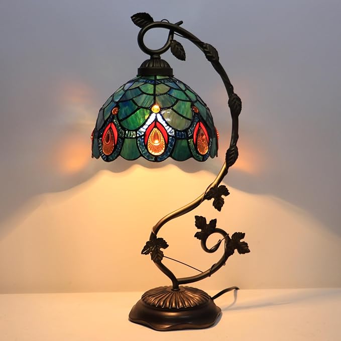 Tiffany Table Lamp, Stained Glass Desk Reading Light,Metal Leaf Table Lamp Base 8X10X21 Inches (Brown Crystal)