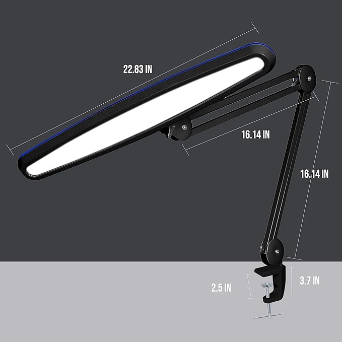 Neatfi XL 2,200 Lumens LED Desk Lamp, 23 Inches 24W, Adjustable Arm, Dimmable, Eye Caring, Nail Light for Home, Office, Study Lamp (Non-CCT with Clamp, Black)