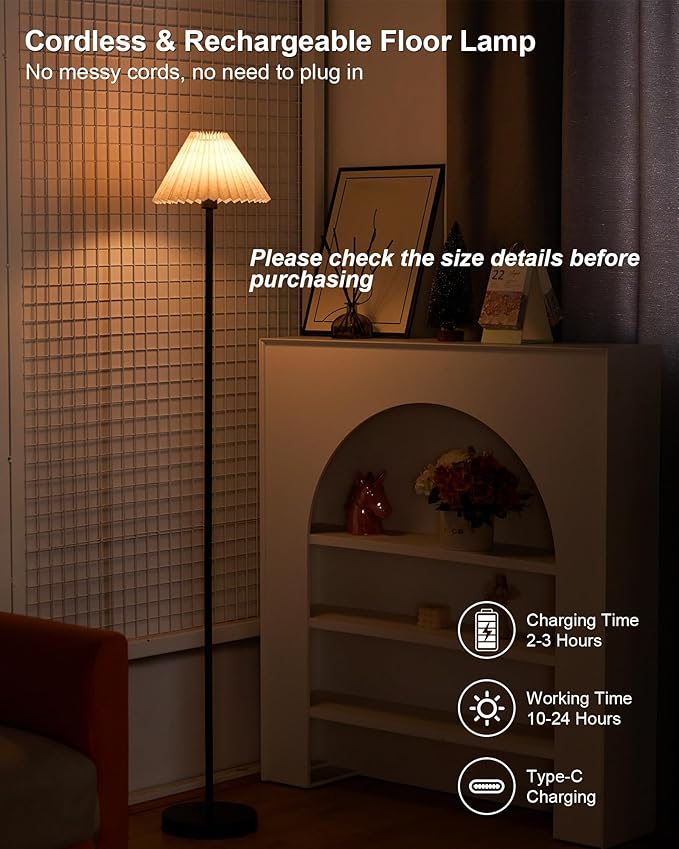 UMEXUS Cordless LED Floor Lamp for Bedroom, Rechargeable, Dimmable RGB, Portable, Modern Pleated Standing Light with Remote & Timer, Small Corner Pole Lamps for Living Room Bedside Home Outdoor Decor