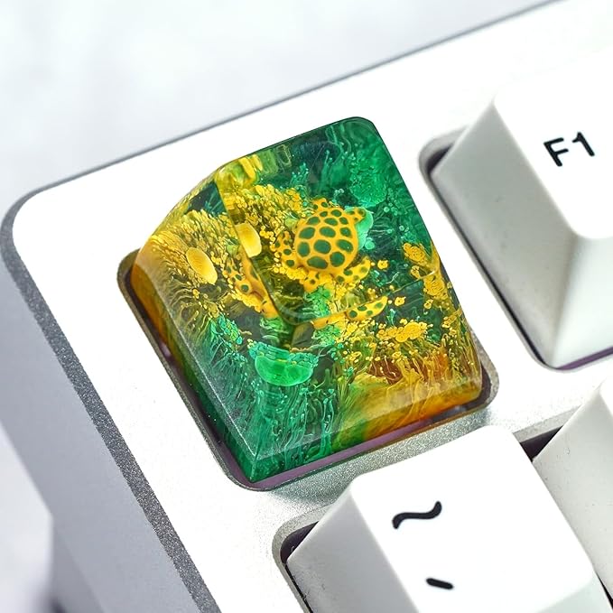 Sea Turtle Artisan Keycap Green and Yellow Coral Reef R1 SA Profile Custom Sea Creatures Keycaps 1U ESC Handmade Gaming Resin Key Cap Cherry MX Switch Compatible Mechanical Keyboard Turtle Lover Gift
