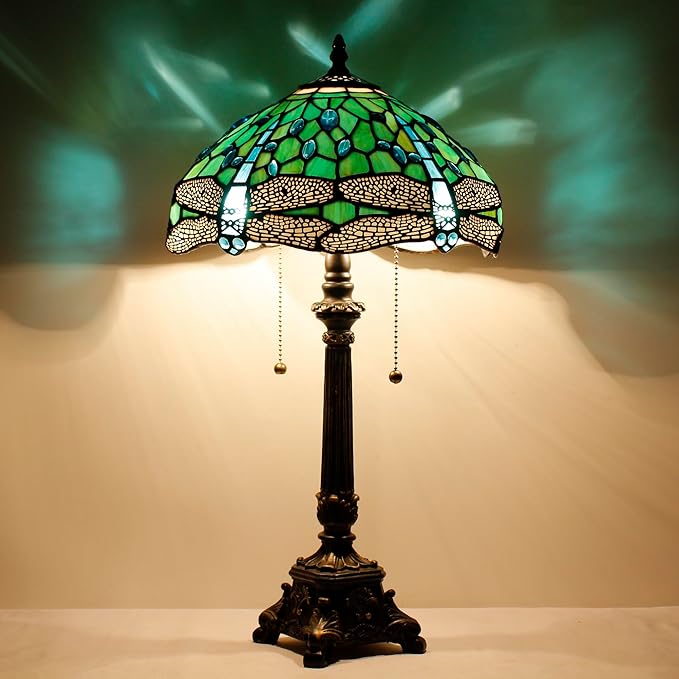 Tiffany Table Lamp Green Stained Glass Desk Lamp 12X12X21 Inches Dragonfly Style Reading Light