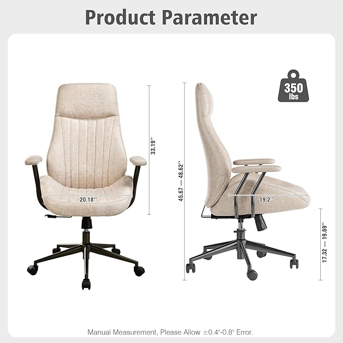 ovios Ergonomic High Back Office Chair, Mid-Century Modern Faux Suede Leather Chair with Padded Armrests, Comfy Executive Computer Task Swivel Rolling Chairs, Beige