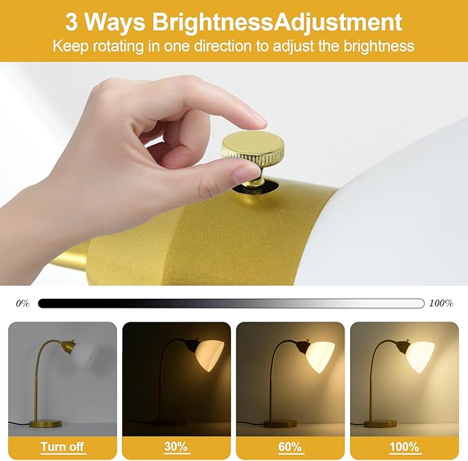 LED Desk Lamp for Home Office, 3 Levels Dimmable Reading Light, Flexible Gooseneck Table Lamp for Bedside Office, Rotary Switch Control, Desk Lamp for College Dorm Study Lamp, Bulb Included, Gold