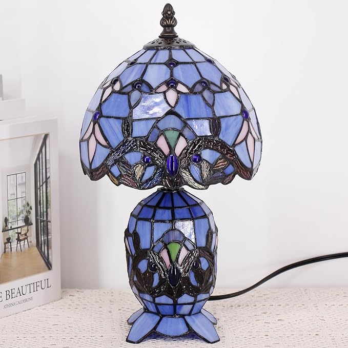 Small Tiffany Lamp Stained Glass Table Lamp Mini Mother Daughter Vase Desk Accent Light for Bedroom Bedside Reading Home Antique Style Decor 8X14 Inches (Blue Baroque)