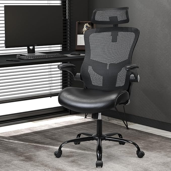 Ergonomic Office Chair,High Back Mesh Desk Chair with Adjustable Lumbar Support & Headrest Home Office Computer Swivel Executive Task Chair with Flip-Up Armrests (Dark Black)