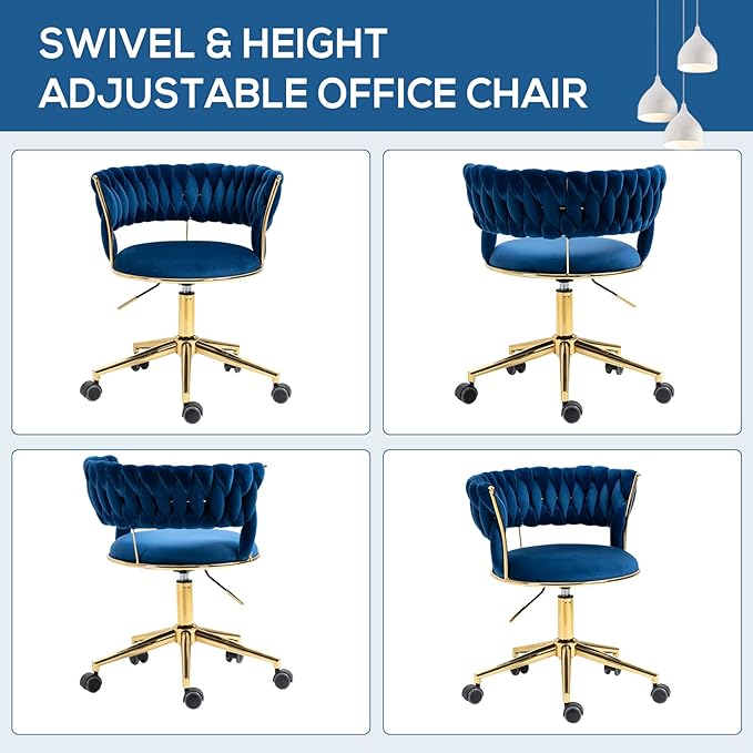 NIOIIKIT Velvet Office Desk Chair with Hand Woven Backrest, 360° Swivel & Height Adjustable Task Chairs, Makeup Chair, Living Room Chairs with Stainless Base and 5 Wheels (Navy)