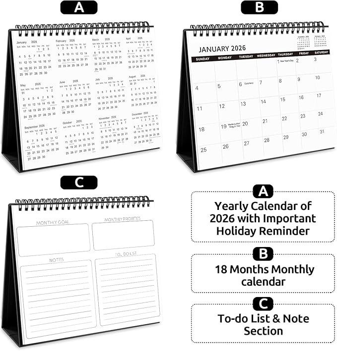 SKYDUE Desk Calendar 2025-2026, Jul 2025 to Dec 2026, 18 Months Small Desk Calendar with Planner Stickers, 10" x 8" Desktop Calendar Planner, Black