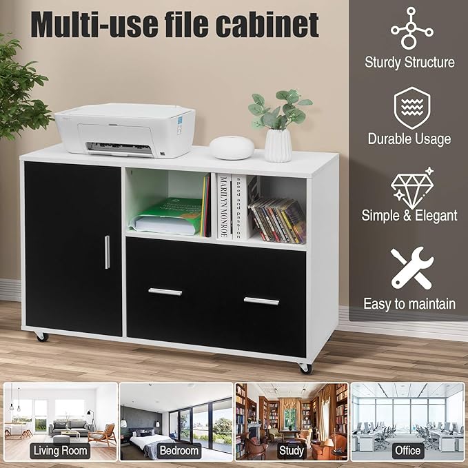 Giantex Lateral File Cabinet, Mobile Filing Cabinet with Drawer, Printer Stand with Open Storage Shelves, Wood Organizer for Home and Office A4 Letter and Legal Size (White & Black)