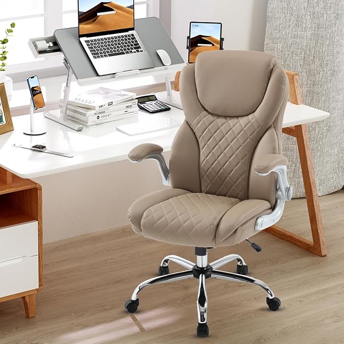 Leather Executive Office Chair, High Back Ergonomic Office Desk Chairs with Wheels, 90-120° Rocking Managerial Home Computer Chairs with Flip up Arms and Lumbar Support(Light Brown)