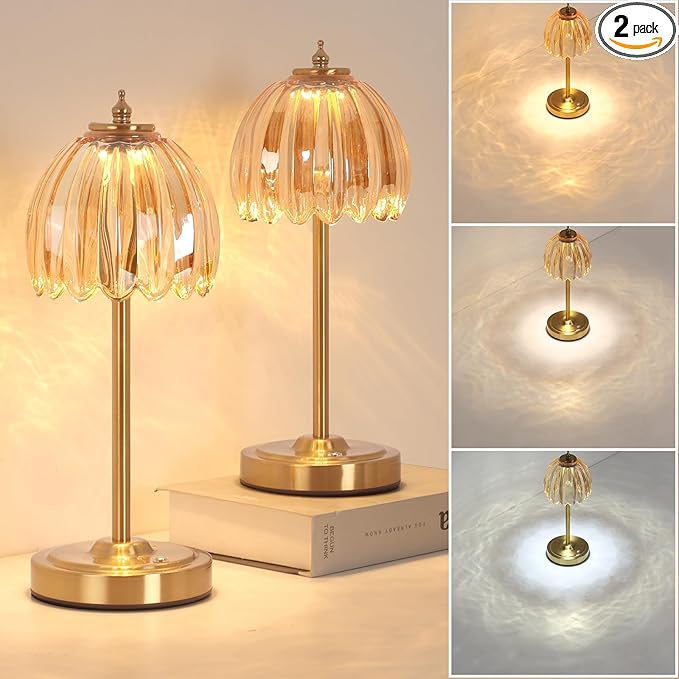 Set of 2 Cordless Table Lamp with 5000mAh Battery & Touch Control - 3 Adjustable Color Temperatures, Dimmable RechargeableTable Lamps for Bedroom, Office Desk, Nightstand (Amber Tulip)