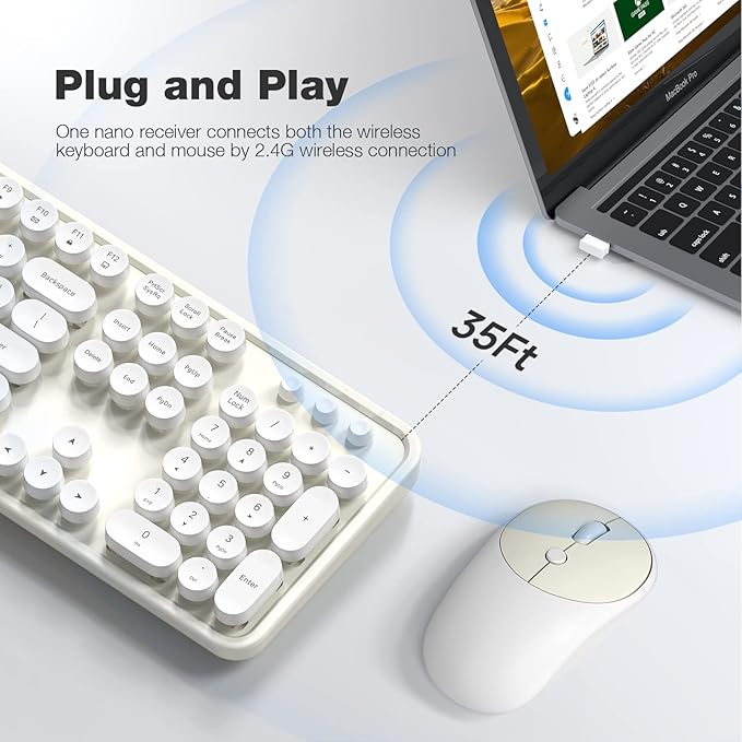 Wireless Keyboard and Mouse Combo - GEEZER Cream-White Full-Sized Colorful Keyboard 104 Keys - USB 2.4 G Receiver Plug and Play with Round Keycap Typewriter Keyboards, for Windows, PC, Laptop, Desktop