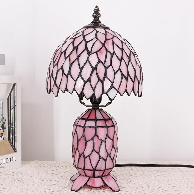 Small Tiffany Lamp Stained Glass Table Lamp Mini Mother Daughter Vase Desk Accent Night Light for Bedroom Bedside Reading Home Antique Style 8X14 Inches (Pink Wisteria)