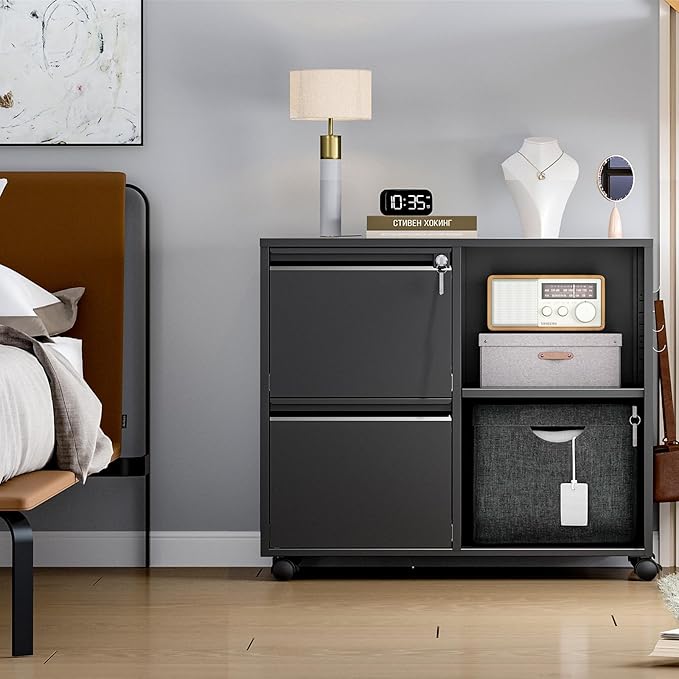 Mobile File Cabinet, 2 Drawer Lateral Filing Cabinet with Lock, Open Storage Cabinet with Adjustable Shelves Fits Letter, A4, Legal Size for Home Office Organization, Black