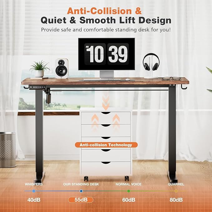 Sweetcrispy Electric Adjustable Height Standing Desk - 55 x 24 inch Sit to Stand Up Desk with Splice Board, Rising Home Office Computer Table with 2 Hook and Wire Hole for Work