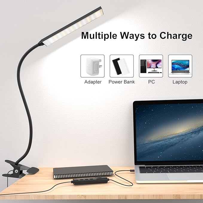 RAOYI LED Desk Lamp, 5W USB Clip on Light Eye-Caring Reading Clamp Table Lamp with 48 LEDs Flexible Gooseneck, 3 Color Modes and 14 Brightness Levels for Office Bedroom Study (Black)