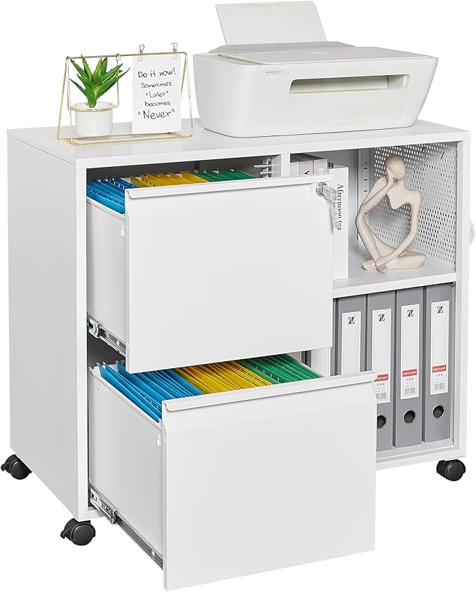 Mobile File Cabinet, 2 Drawer Lateral Filing Cabinets with Lock, Open Storage Cabinet with Adjustable Shelves Fits Letter, A4, Legal Size for Home Office Organization, White