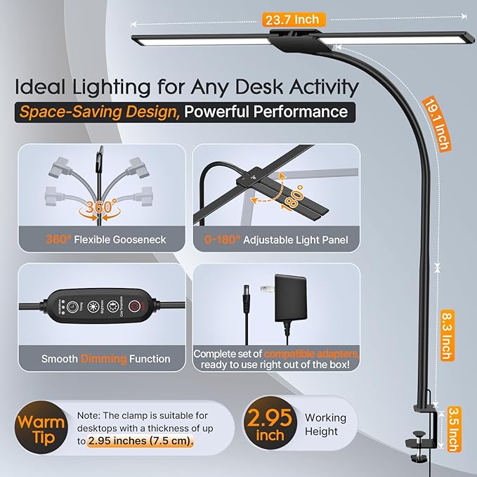 Syrinx LED Desk Lamp for Home Office ā Eye-Caring Dual Head Desk Light with Flexible Gooseneck, Clamp, Gesture/Wired Control, 50 Lighting Modes with Memory/Timer for Study, Crafting